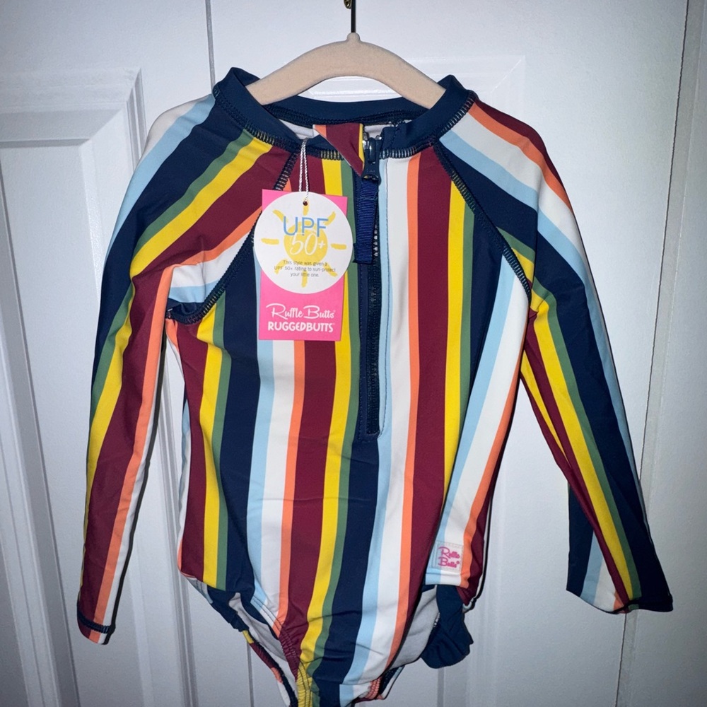 RuffleButts Striped Long Sleeve Swimsuit